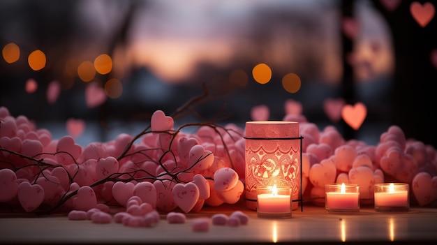 Foto cartão romântico para a celebração do dia dos namorados coração em velas e flores iluminação bokeh espaço de cópia
