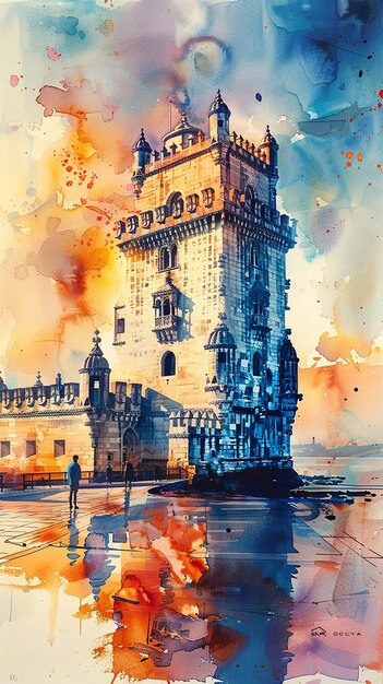 Foto cartão turístico de aquarela da torre de belem