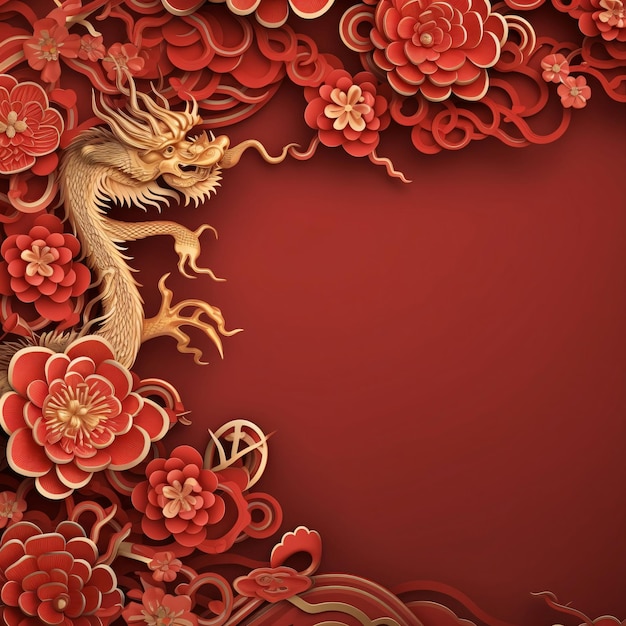 Cartão vermelho com dragão e flores de cerejeira Banner com espaço para seu próprio conteúdo Espaço em branco para a inscrição celebrações do Ano Novo Chinês