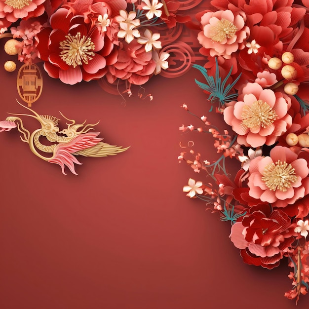 Cartão vermelho com flores de cerejeira Banner com espaço para seu próprio conteúdo Espaço em branco para a inscrição celebrações do Ano Novo Chinês