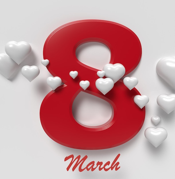 cartão vermelho de 8 de março com ilustração 3d de balão de forma de coração branco renderização de coração 3d