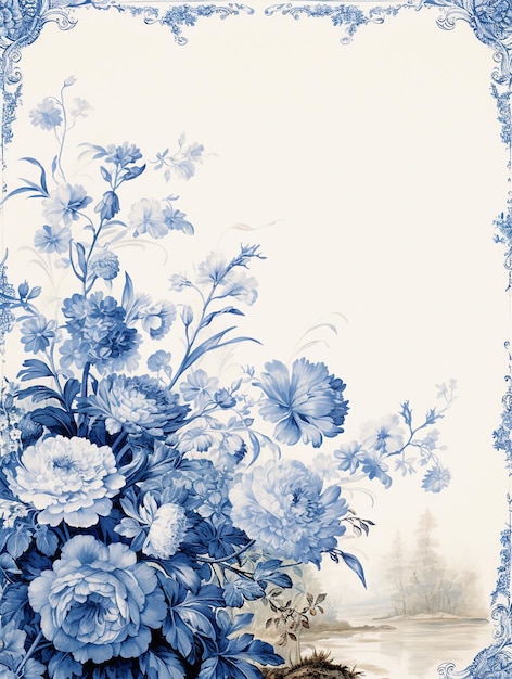 Cartão vintage francês Floral Toile Azul