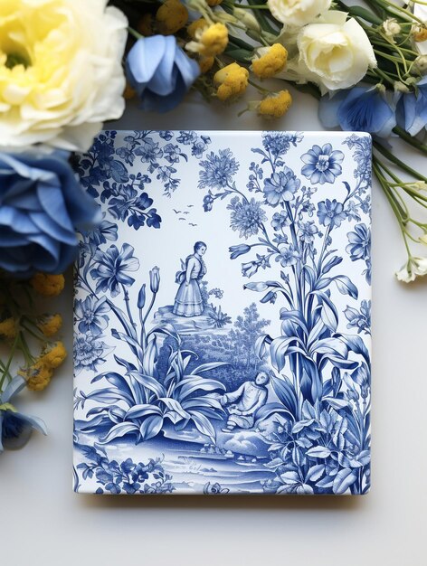 Cartão vintage francês Floral Toile Azul
