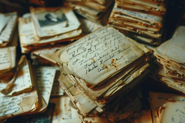 Cartas antigas num sótão empoeirado evocam nostalgia e mistério.