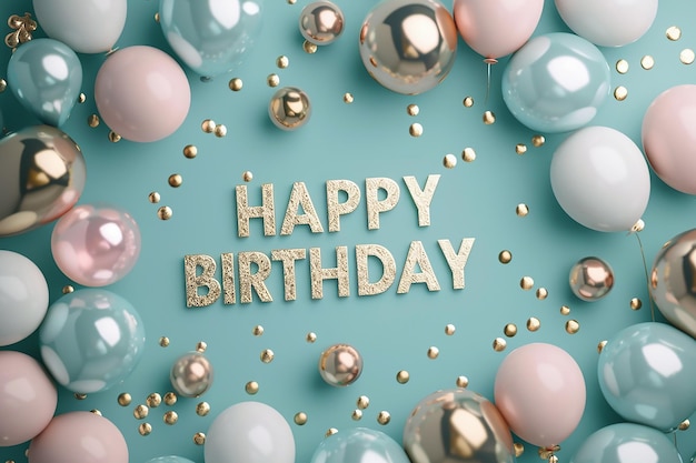 cartas de cumpleaños felices y globos contra un fondo turquesa