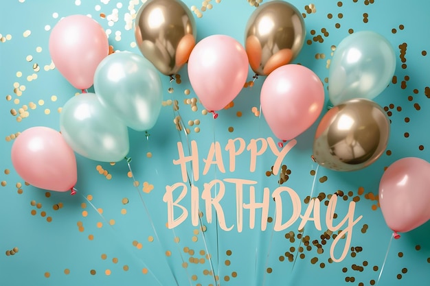 cartas de feliz aniversário e balões contra um fundo turquesa