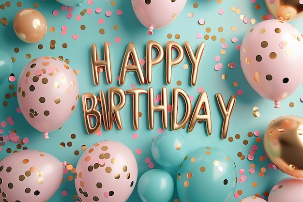 cartas de feliz aniversário e balões contra um fundo turquesa