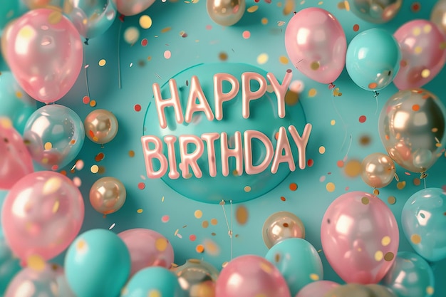 cartas de feliz aniversário e balões contra um fundo turquesa