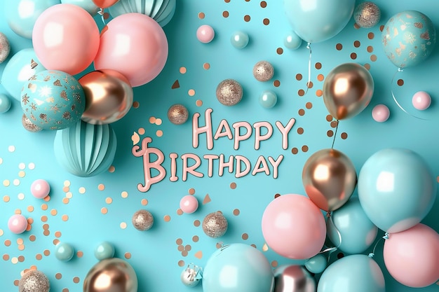 cartas de feliz aniversário e balões contra um fundo turquesa