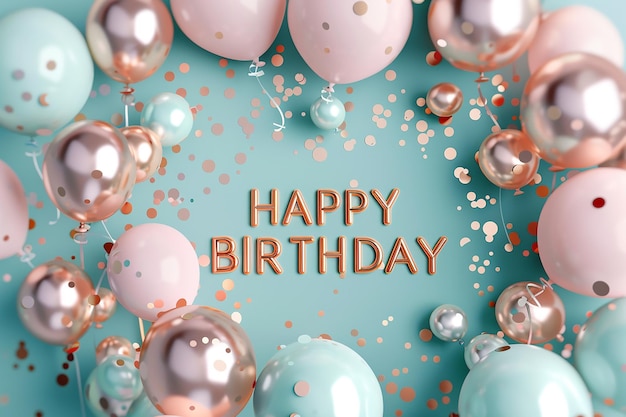 cartas de feliz aniversário e balões contra um fundo turquesa