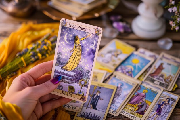 Foto cartas de tarot elegantemente exibidas, iluminadas pela luz natural, meticulosamente dispostas sobre uma superfície prístina