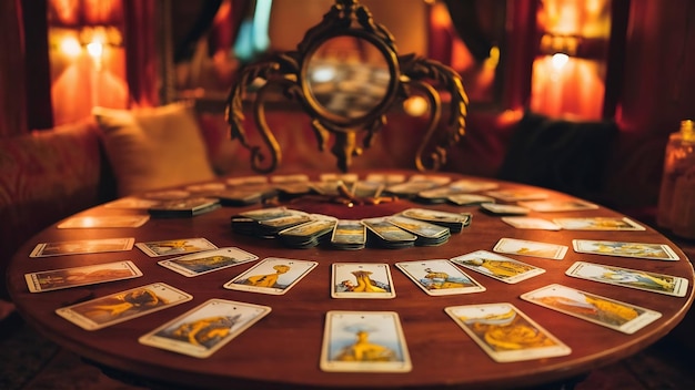 Foto cartas de tarot em mesa de madeira