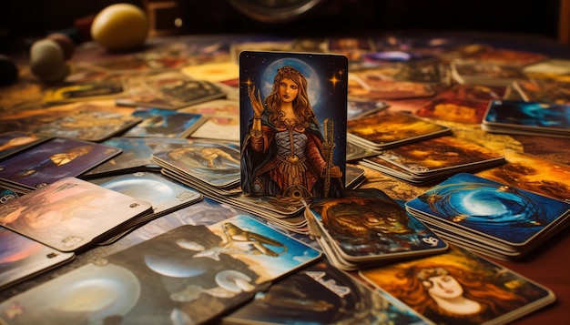 Foto cartas de tarot previsão e adivinhação baralho de tarot na mesa cartas de adivinhações