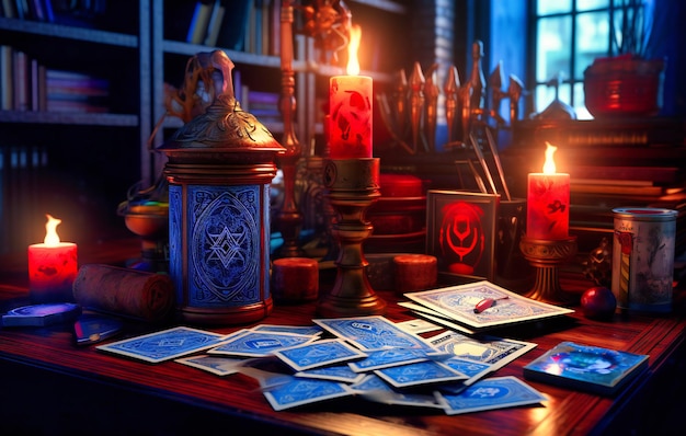 Cartas do baralho de bruxas, velas e horóscopos