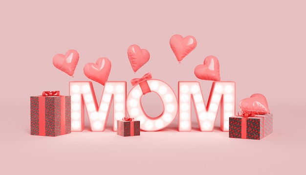 Cartas de mamá con luces brillantes colocadas sobre fondo rosa con globos en forma de corazón y cajas de regalo durante la celebración del día de las madres 3d renderizado