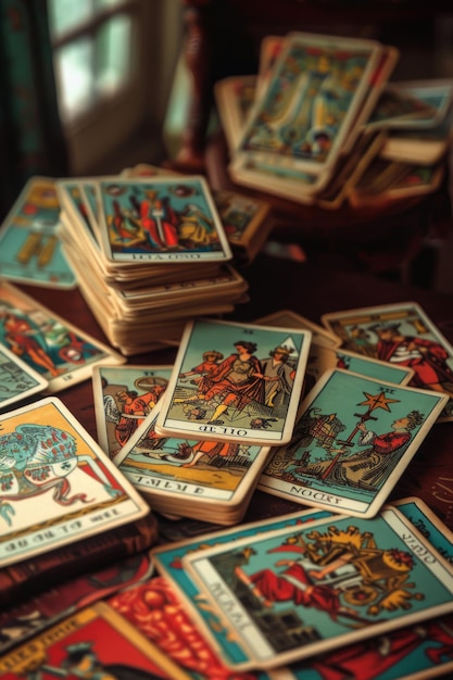 Foto las cartas del tarot iluminadas por la luz de las velas proyectan un aura encantadora