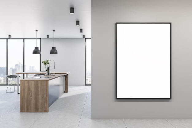 Cartaz branco com copyspace em moldura preta na parede da sala da cozinha com mesa de madeira e metal lustroso piso preto lâmpadas e vista da cidade de grandes janelas 3D maquete de renderização