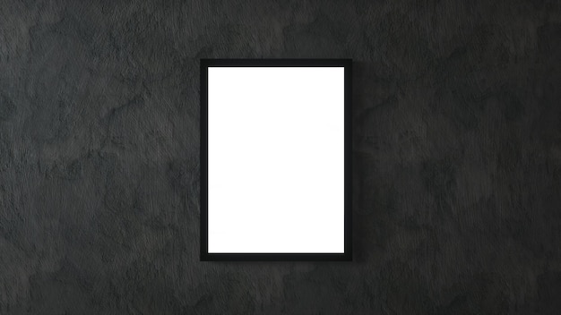 Cartaz branco com moldura preta na maquete de parede preta. Renderização 3D.