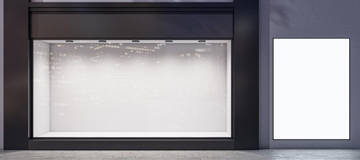 Foto cartaz branco em branco com espaço para o seu texto ou logotipo no fundo da parede escura perto da vitrine vazia com espaço para a apresentação do seu produto na área de construção moderna ao ar livre maquete de renderização em 3d