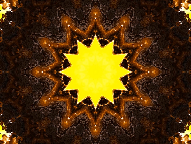 Cartaz com tema retro, cor bege amarelo com uma estrela negra no centro. Padrão caleidoscópico e cúbico.