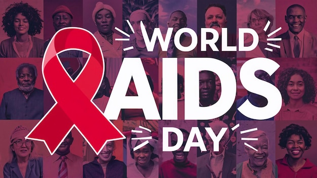 cartaz com um grupo de homens e mulheres segurando uma fita vermelha que diz Dia Mundial da Aids