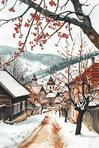 Cartaz com uma paisagem em aquarela de uma vila do Leste Europeu no início da primavera