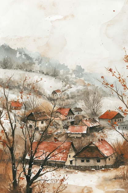 Cartaz com uma paisagem em aquarela de uma vila do Leste Europeu no início da primavera