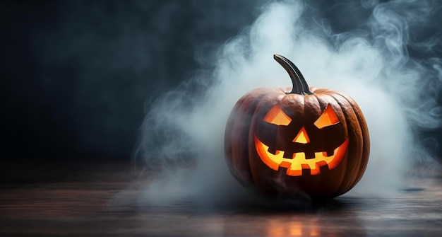 Cartaz de abóbora de Halloween feliz com cara assustadora com um fundo fantástico