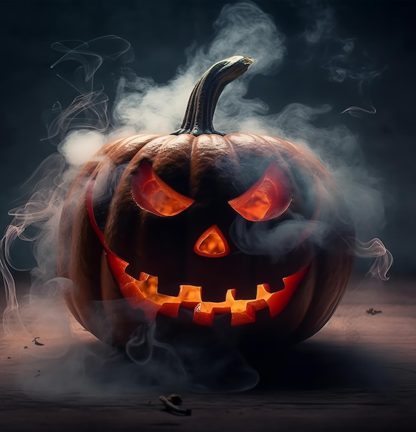 Cartaz de abóbora de Halloween feliz com cara assustadora com um fundo fantástico