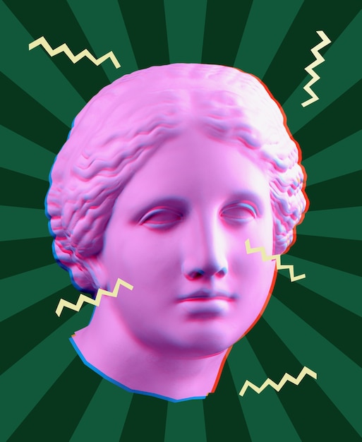 Cartaz de arte conceitual moderna com estátua antiga colorida rosa verde da cabeça de Vênus de Milo. Colagem de arte contemporânea. Conceito de cartazes de estilo retro onda.