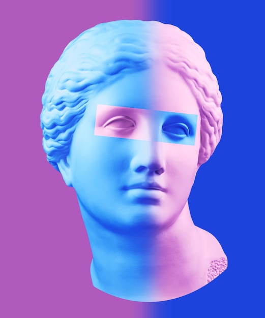 Cartaz de arte conceitual moderna com estátua antiga colorida roxa azul da cabeça de vênus de milo. colagem de arte contemporânea. conceito de cartazes de estilo retro onda.