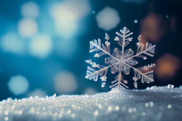 Cartaz de banner de Natal com flocos de neve prateados brilhantes em um fundo de inverno, floco de neve em uma neve
