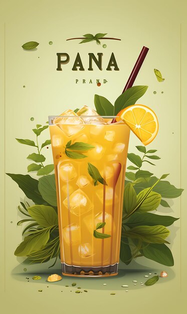 Cartaz de bebida Aam Panna com folhas cruas de manga e hortelã, celebrações indianas frescas, estilo de vida, culinária