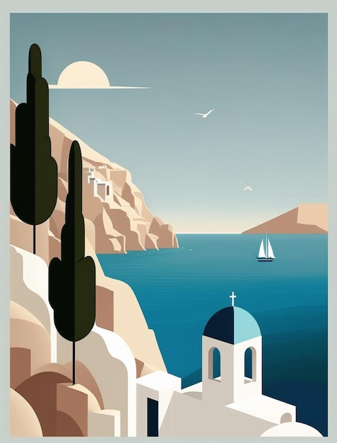 Foto cartaz de design plano minimalista paisagem de santorini