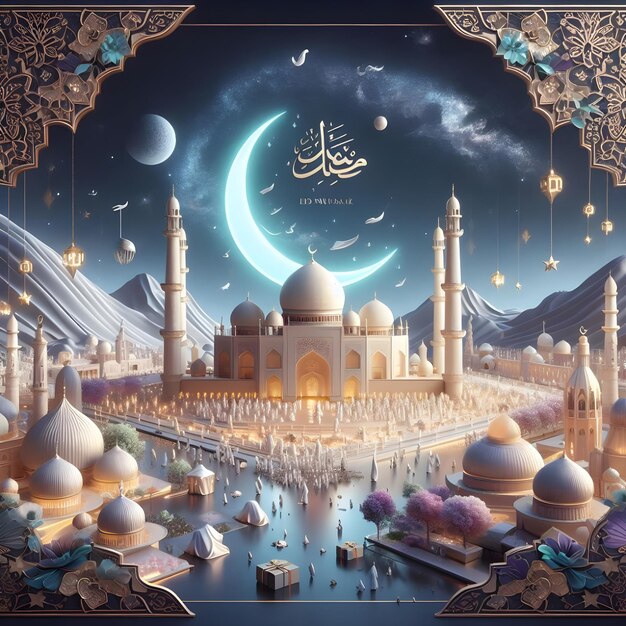 cartaz de Eid al fitr do festival islâmico Eid Mubarak arte 3d