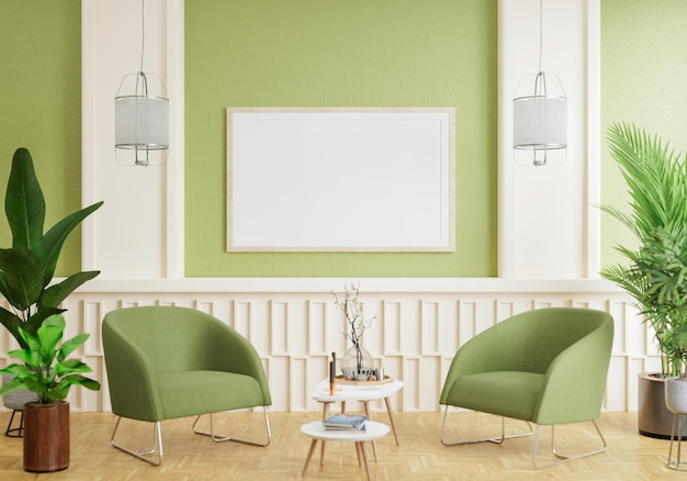 Cartaz de estilo interior minimalista mock up a parede da sala de estar cópia de espaço renderização 3d