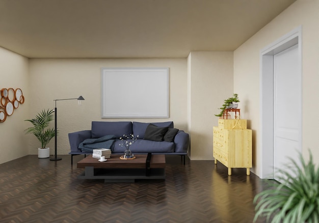 Cartaz de estilo interior mínimo Mock up o espaço de cópia da parede da sala de estar renderização em 3D