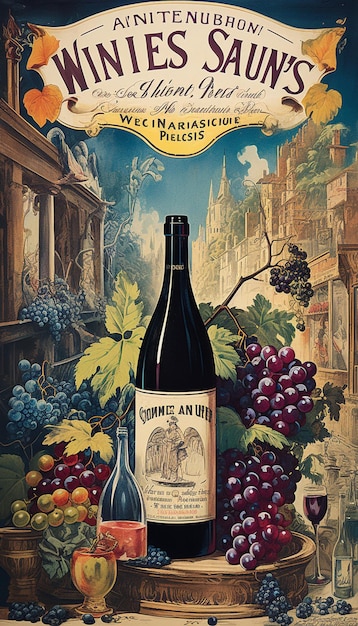 cartaz de garrafa de vinho com uvas em estilo retro vintage