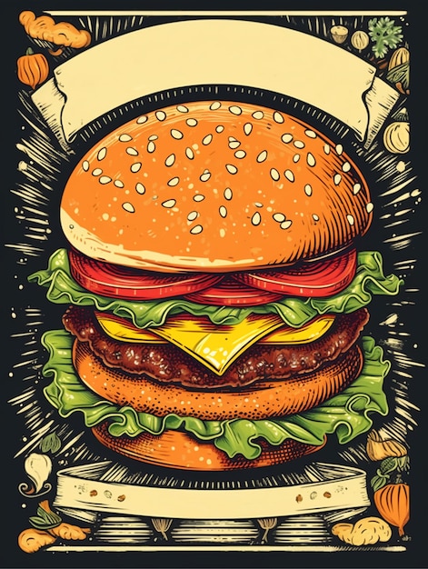 Foto cartaz de ilustração de menu de hambúrguer com banner para texto