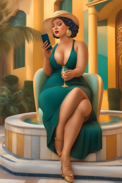 cartaz de ilustração de uma modelo feminina voluptuosa usando smartphone ao ar livre em um quintal em uma villa caribenha