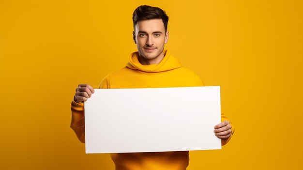 Cartaz de maquete com um homem em estúdio isolado em um fundo branco para anunciar a surpresa