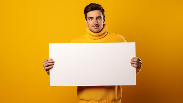 Cartaz de maquete com um homem em estúdio isolado em um fundo branco para anunciar a surpresa