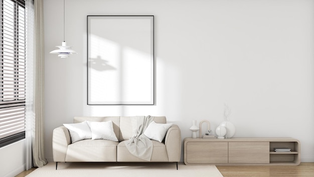 Cartaz de maquete de sala de estar interior moldura de sofá almofadas tapete janela de armário de lâmpada e luz natural é perfeito para qualquer sala de estar design moderno estilo minimalista renderização em 3D