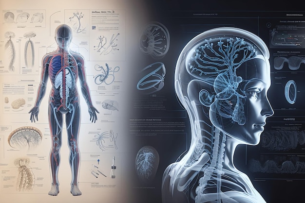 Cartaz de neurologia com elementos infográficos de estilo vintage retrô de entranhas do corpo e editáveis