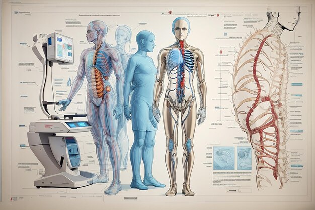 Foto cartaz de neurologia com elementos infográficos de estilo vintage retrô de entranhas do corpo e editáveis