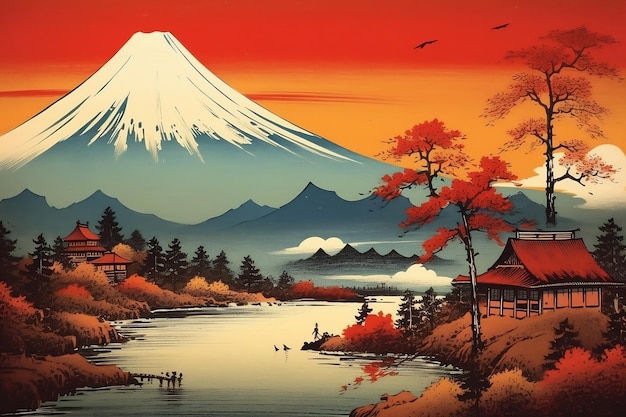 Cartaz de paisagem japonesa cativante IA generativa