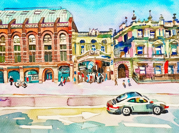 Cartaz de pintura em aquarela da rua piccadilly de londres, desenho de ilustração artística