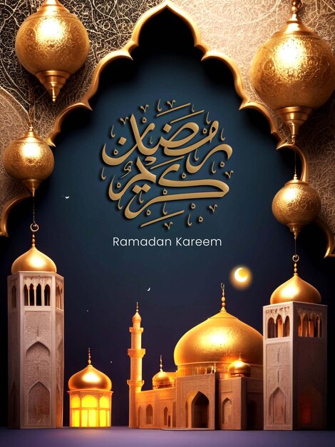 cartaz de ramadan kareem com mesquita e lanternas