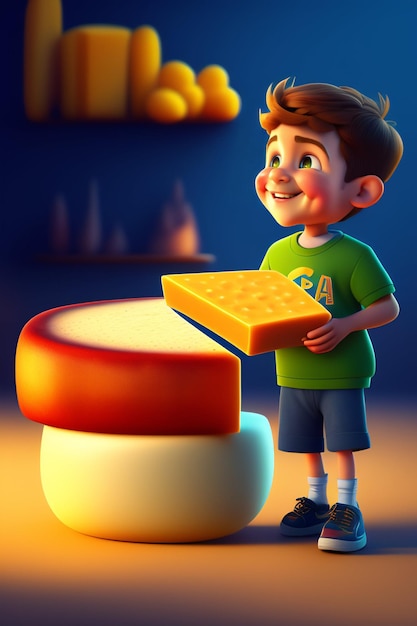 Cartaz de um filme sobre um menino que adora comer queijo estilo pixar animação 3d render zigor sa