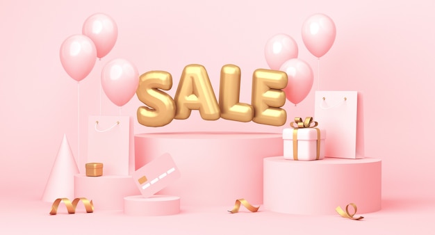 Cartaz de venda com palavra, balões, presentes e alguns elementos relacionados com compras em fundo rosa pastel. Renderização 3d